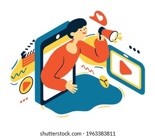 Man with the megaphone climbs out of the cell phone. The man transmits a message from the phone screen. Russian poster art, isometric, isolate, vector.