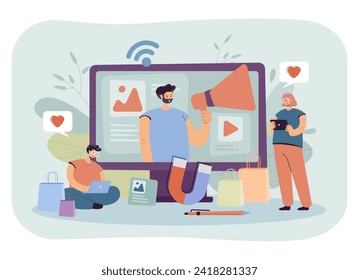 Man with megaphone in computer vector illustration. Marketing experts with laptop and tablet clicking Like buttons. Influencer, influence on consumers, advertising, marketing concept