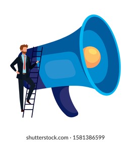 Man and megaphone design, Amplifer speaker bullhorn announce speech message communication and sound theme Vector illustration