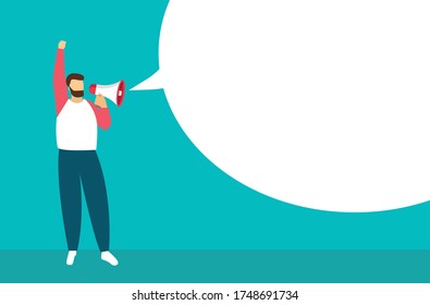 Man with a megaphone in hand with empty bubbles speech. For announcement or important information.