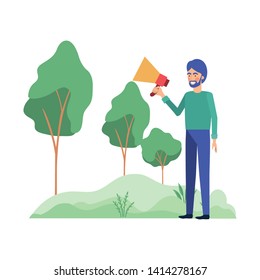 man with megaphone in the hand in landscape