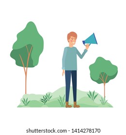 man with megaphone in the hand in landscape