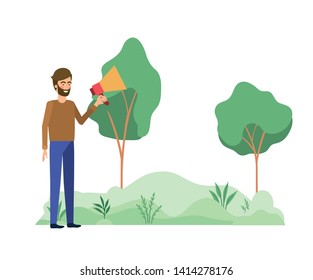 man with megaphone in the hand in landscape