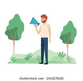 man with megaphone in the hand in landscape
