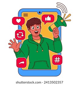 Man with a megaphone in her hand. Social media concept