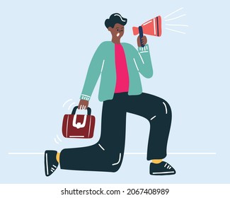a man with a megaphone in his hands. A man commands, an office worker