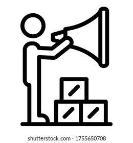 Un hombre con un ícono de megáfono. Esbozar un hombre con un icono de vector megáfono para diseño web aislado en fondo blanco