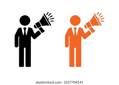 Hombre con el icono del megáfono fijado con el diseño moderno aislado en el fondo blanco.
