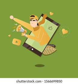  Man with megaphone inside smartphone with Mobile Advertising via Social Network