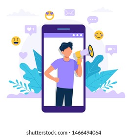 Man with megaphone inside smartphone - refer a friend, promotion, advertising announcement concept illustration. Vector illustration in flat style.