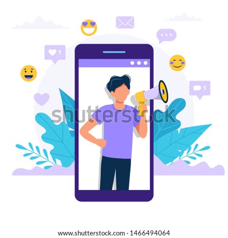 Man with megaphone inside smartphone - refer a friend, promotion, advertising announcement concept illustration. Vector illustration in flat style.