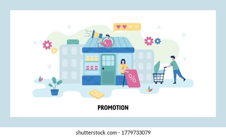 Man with megaphone invites people to shopping sale. Store building with showcase and sale discount banner. Concept illustration. Vector web site design template