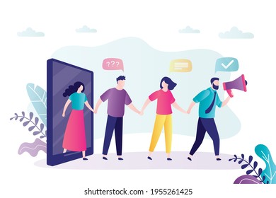 Man with megaphone leads group of people. Bring friend and get bonus. Concept of referral friend and promotion method. Friends loyalty program. Banner in trendy style. Flat vector illustration