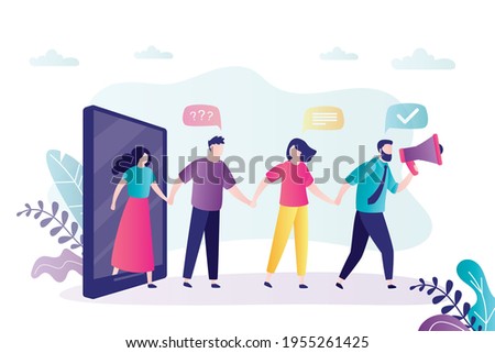 Man with megaphone leads group of people. Bring friend and get bonus. Concept of referral friend and promotion method. Friends loyalty program. Banner in trendy style. Flat vector illustration 商業照片 © 