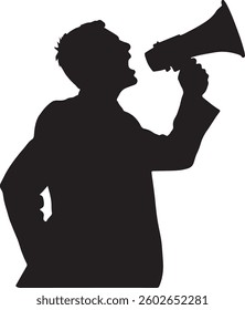 man, megaphone, loudspeaker, speaker, communication, adult, male, person, announcement, announce, attention, sound, shout, loud, speak, message, bullhorn, voice, business, guy, speaking, young, 
