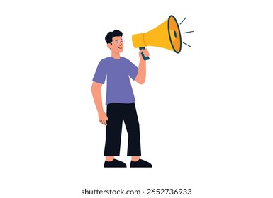 Homem com megafone fazendo anúncio vetor ilustração.