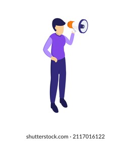 Man with megaphone on isometric background