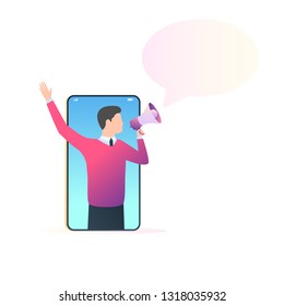 Man with megaphone on screen smartphone and bubble for text. Mobile advertising, efer a friend concept. Vector illustration in trendy style with gradients, pattern for the banner design of the website