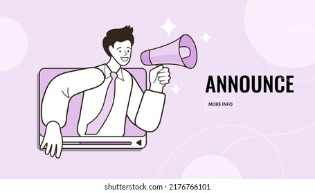 Man with megaphone on screen. social media or network promotion. influencer marketing concept - blogger promotion services and goods for his followers online. Flat vector outline illustration.