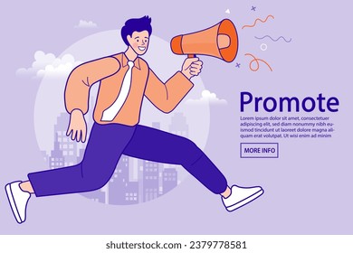 Hombre con megáfono en la pantalla. promoción de redes o medios sociales. concepto de marketing de influencer - servicios de promoción de bloggers y bienes para sus seguidores en línea. Ilustración de contorno de vector plano.