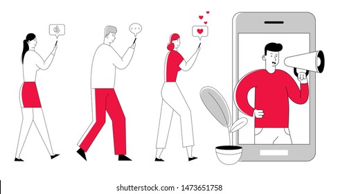 Man with Megaphone on Screen and Young People with Mobile Phones nearby. Influencer Marketing Social Media or Network Promotion, Smm. Internet Advertisement Cartoon Flat Vector Illustration, Line Art