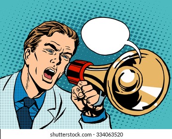 man megaphone policy promotion pop art retro style. Political protest demonstration rally. Advertising campaign poster appeal