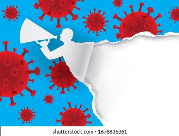 Man with megaphone ripped paper with Coronavirus symbols.
Expressive Template for announcement, poster for coronavirus pandemic theme. Place for your text or image. Vector available.