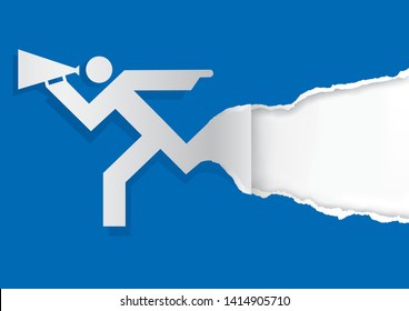 Man with megaphone ripped paper, promotion  banner template.
Illustration of man icon with megaphone ripping blue paper. Place for your text or image. Vector available.