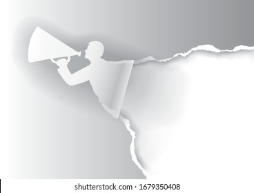 
Man with megaphone ripped white paper.
Template for announcement, white torn paper background . Place for your text or image. Vector available.