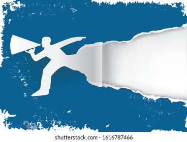 
Man with megaphone ripping blue grunge style paper background.
Illustration of expressive grunge background. Suitable for original flyer or banner. Vector available.