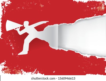 Man with megaphone ripping grunge style paper background.
Illustration of expressive grunge background. Suitable for original flyer or banner. Vector available.