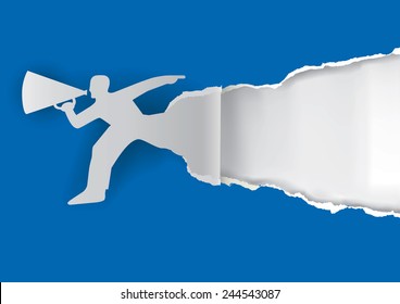 Man with megaphone ripping paper. Man advertises or sells shouts in a megaphone on the blue background with place for your text or image.  Template  for a original advertisement. Vector illustration. 