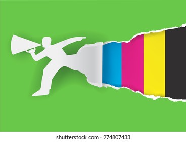 Man with megaphone ripping printing paper. Paper male silhouette advertises color printing with megaphone with place for your text or image. Vector illustration.
