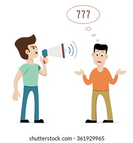 A man with megaphone shouting at hearing impaired shrugging boy. Concept for deafness, hearing impairment, hearing loss,  etc. Vector art on isolated background.