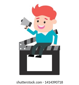 man with megaphone sitting on clapboard film production vector illustration