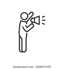 Man with megaphone speaks, linear icon. Line with editable stroke