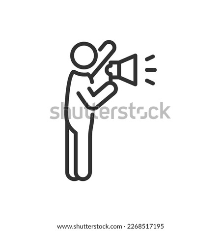 Man with megaphone speaks, linear icon. Line with editable stroke