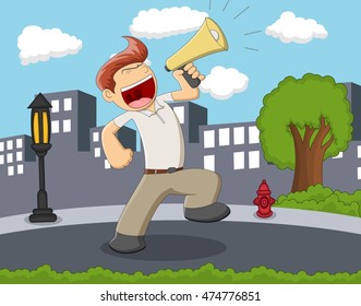 A man with megaphone standing on the street with city background cartoon vector illustration