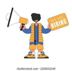 A man with a megaphone, symbolizing the search for people in the labor market. human drawing.