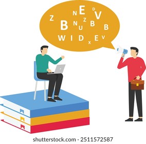 Man with megaphone teaching French alphabet. Girl student learning, sitting on books. Language course, education. Flat vector illustration

