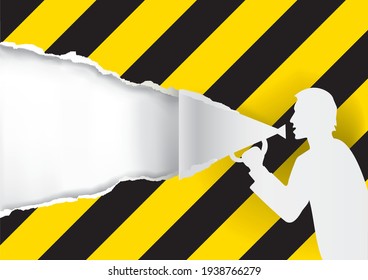 
Man with megaphone tearing under Construction sign paper background. 
Illustration of ripped paper with black and yellow stripes, place for your image or text.
