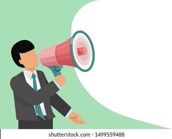 Man with megaphone vector illustration. Businessman communicates through a megaphone. Man in suit with bullhorn is sending bubble message