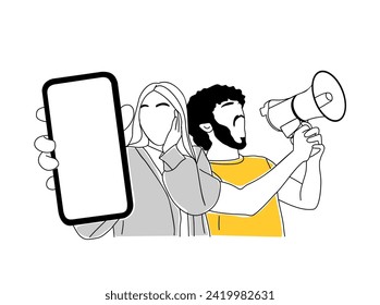 Man with megaphone and woman with huge smartphone.