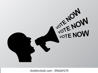 Man with a megaphone and the words vote now. Vector illustration.