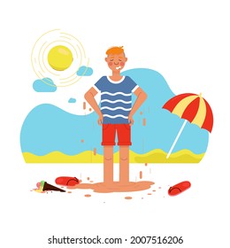 Man melting. The man on the beach. Hot summer weather. Ice cream and legs melt. Health hazard. Vector illustration.