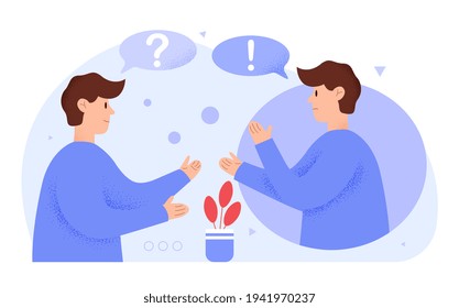 Man with mental disorder listen to inner voice. Talk with yourself. Flat abstract metaphor cartoon vector illustration concept design. Simple art isolated on white background.
