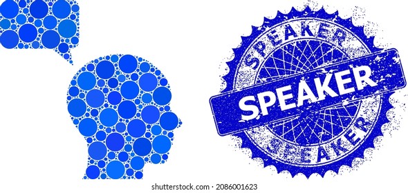 Man mention vector mosaic of small circles in different sizes and blue color tinges, and textured Speaker stamp seal. Blue round sharp rosette seal contains Speaker tag inside.