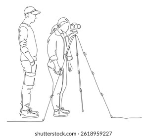 Man mentor and woman photograther with photo camera mounted on tripod. Linear drawing. Black and white vector illustration in line art style.