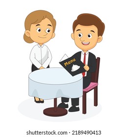 Man with menu making order to waiter at restaurant