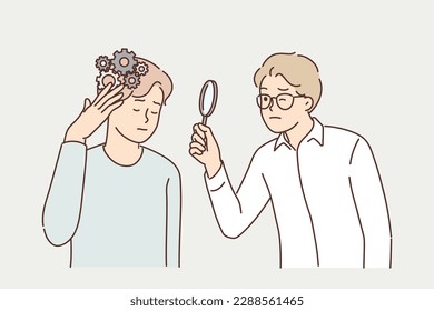 Man with mess in head stands near psychologist using magnifying glass analyzing patient problem. Struggling with psychological illnesses and seeking psychotherapist to solve mental problems 